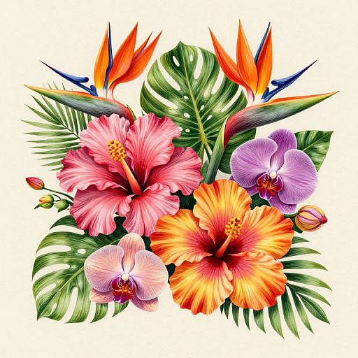 Vibrant digital illustration of tropical flowers: pink hibiscus, orange hibiscus, purple orchids, bird of paradise, and