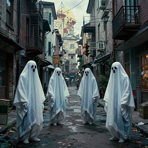 Photograph of five ghost-like figures in white sheets with black eyes walking down a narrow, cobblestone European street at dusk.