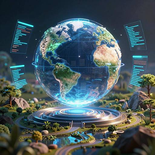 Digital CGI of a glowing, holographic Earth floating on a futuristic, glowing platform amidst a vibrant, sci-fi landscape with neon blue text overlays.