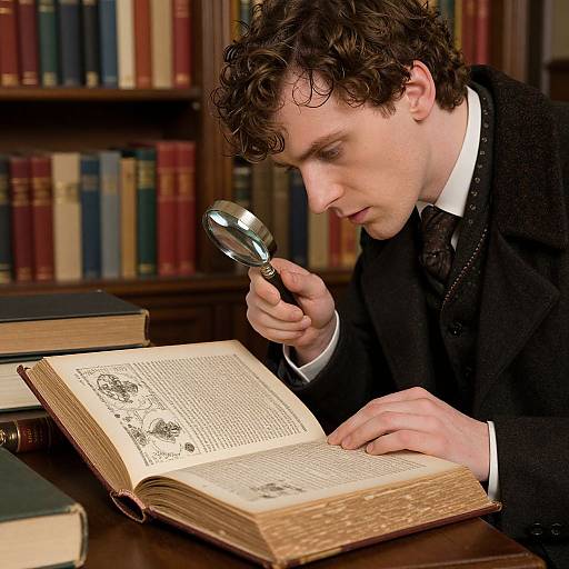 Photograph of a young man with curly brown hair, wearing a black suit and white shirt, using a magnifying glass to study an old book with