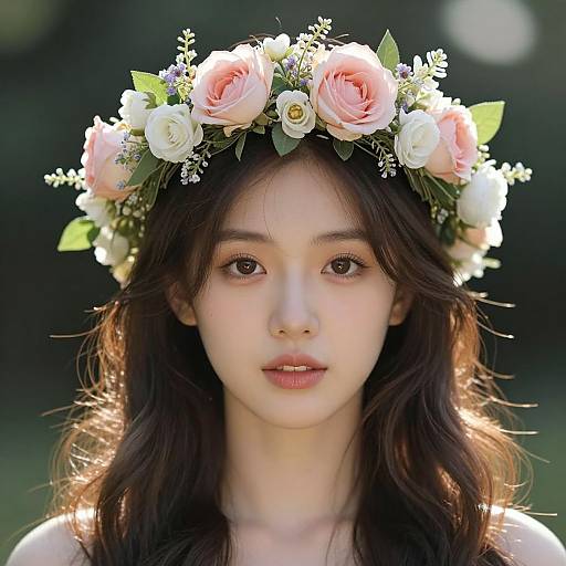 Photograph of an East Asian woman with fair skin, long brown hair, wearing a pastel pink and white floral crown, gazing softly into the