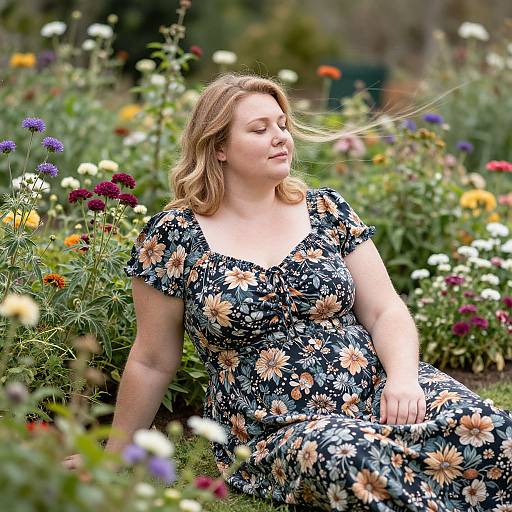 Photograph of a blonde woman with fair skin, wearing a black floral dress, sitting in a vibrant, colorful garden, eyes closed, surrounded by blo