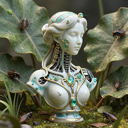 Photograph of a white, mechanical, gem-encrusted bust with intricate gold details, surrounded by large green leaves and black ants.