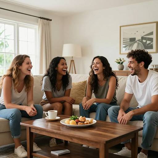 Photograph of four laughing friends, two women and two men, sitting on a beige sofa in a bright living room, with a wooden coffee table and