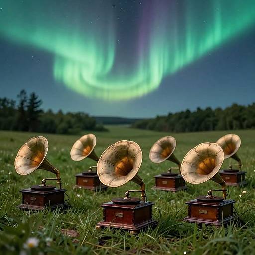 Photograph of six vintage brass phonographs with wooden bases in a grassy field under vibrant green and purple Northern Lights.
