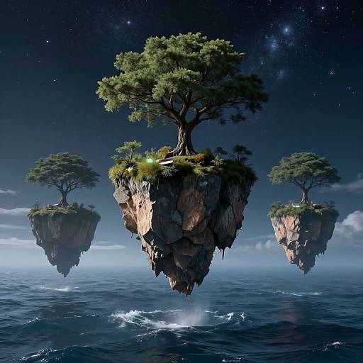 Digital artwork of three floating, rocky islands with tall, green trees above a starry, night sky over a turbulent ocean.