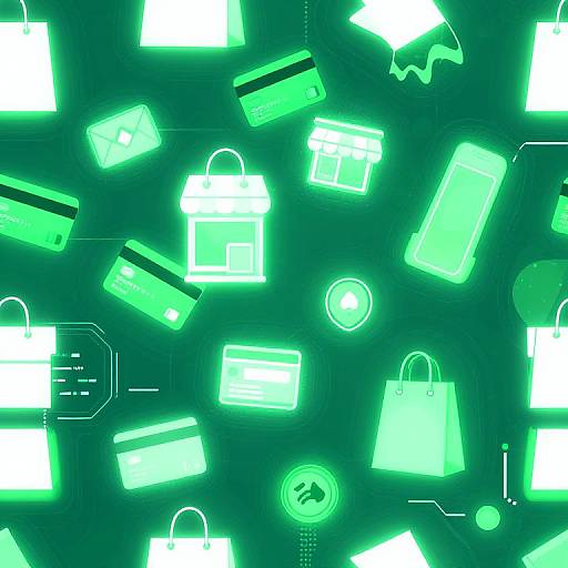 Digital art of glowing green shopping bags, credit cards, and mobile phones in a neon, futuristic pattern with circuit-like lines.