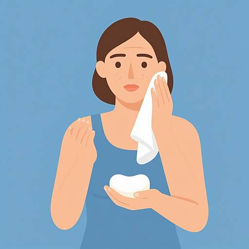 Digital illustration of a woman with short brown hair, wearing a blue tank top, washing her face with soap on a blue background. She holds a soap