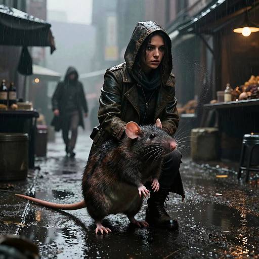 Photograph-style digital art: Rainy urban street, woman in dark hooded coat crouches with large black rat, foggy background, blurred