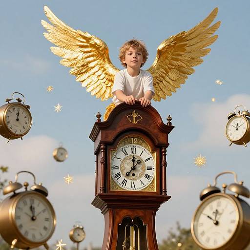 Photograph of a curly-haired child with golden wings, standing on an ornate wooden clock, surrounded by floating vintage clocks against a bright blue sky.
