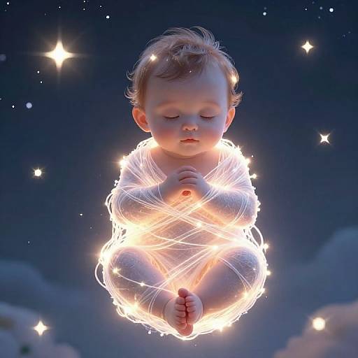 Photograph-style CGI of a glowing baby with closed eyes, illuminated by bright, swirling lights, floating in a starry night sky.
