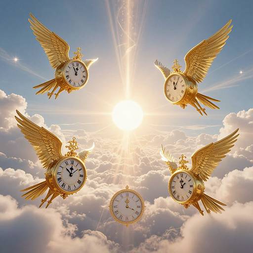 Photograph of five golden angelic clock wings circling a radiant sun above fluffy clouds, with blue sky and sparkling light.