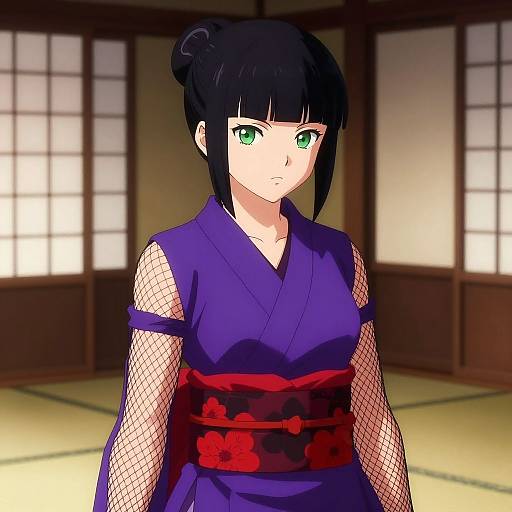 Anime-style digital artwork of a serious-looking woman with black hair in a bun, green eyes, wearing a purple kimono with fishnet sleeves and a