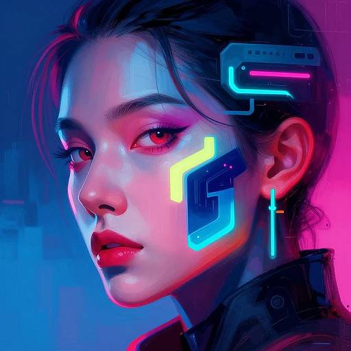 Digital painting of a cyberpunk woman with glowing neon blue and pink accents on her face, red eyes, and dark hair, set against a vibrant,