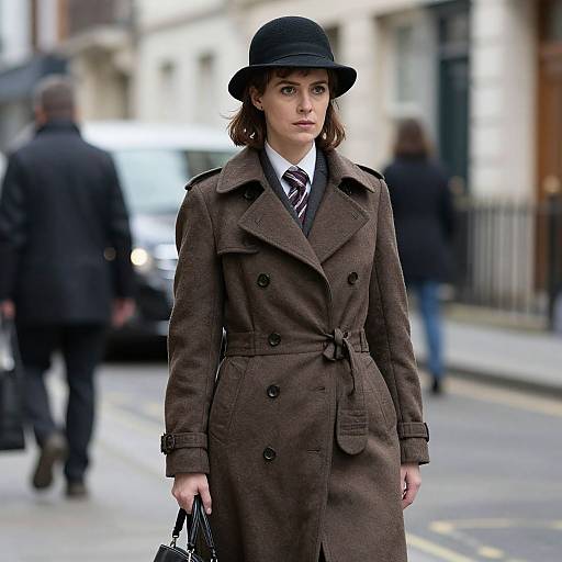 Photograph of a serious-looking woman in a brown trench coat and black hat, holding a black handbag, walking on a city street with blurred pedestrians