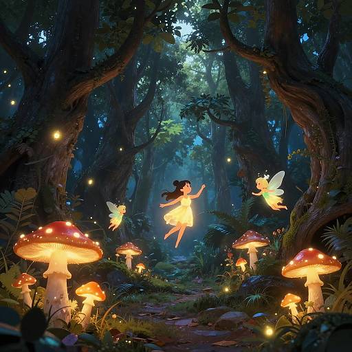 Fantasy forest scene: glowing fairy with yellow wings and orange dress, leaping between luminescent mushrooms, surrounded by twinkling fireflies, under