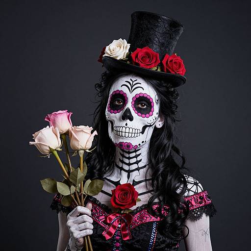 Photograph of a woman in a Day of the Dead costume, white-painted face with pink eye sockets, black hair, top hat with red roses