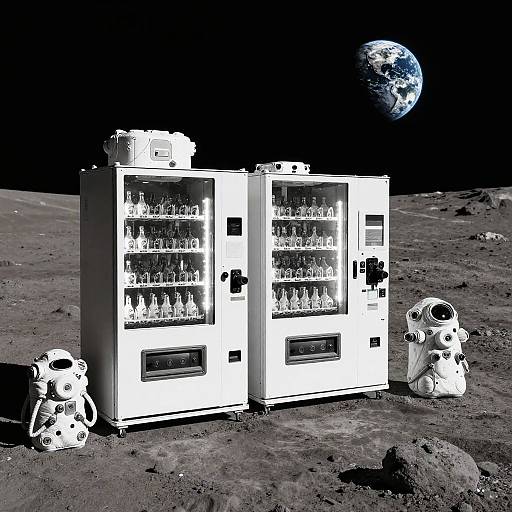 Photograph-like digital art of two white vending machines on a moon's surface, flanked by two astronaut figures, with Earth visible in the dark sky
