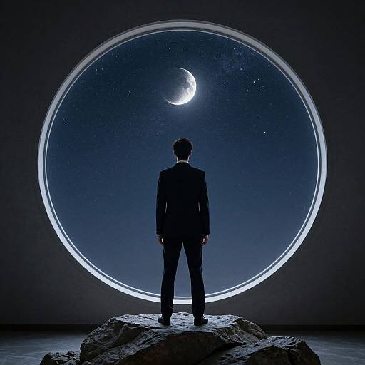 Photograph of a suited man standing on rocks, gazing at a large circular window showing a starry night sky with a crescent moon.