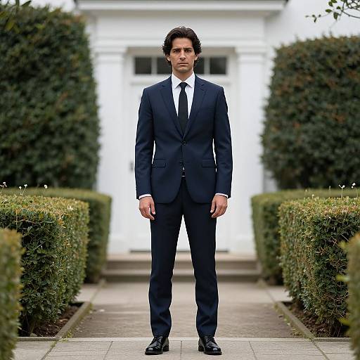 Photograph of a serious, dark-haired man in a navy suit and white shirt standing in front of a white house with trimmed hedges on either side