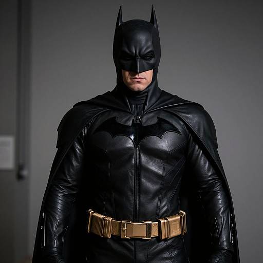 Photograph of Batman in black leather suit with bat emblem, gold belt, black cape, and mask, standing against a gray background.