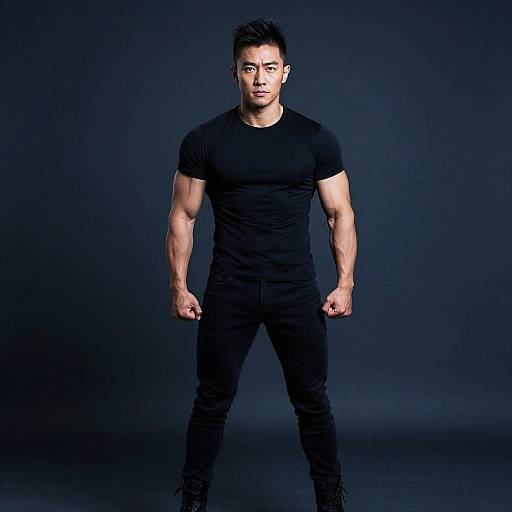 Muscular Asian Man in Black Clothing