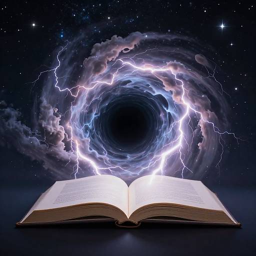 Open book with swirling, electric blue and white lightning clouds in a starry night sky, creating a magical, cosmic effect.