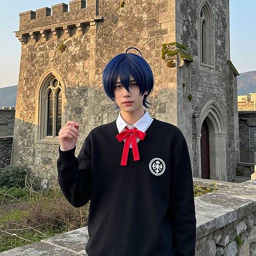 Photograph of a young person with blue hair, wearing a black school uniform with a white collar and red ribbon, standing in front of a weathered