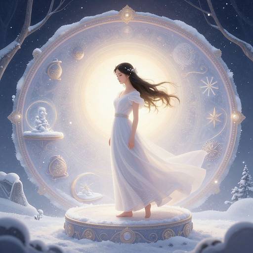 Digital painting: ethereal woman in white dress stands on glowing circular frame, surrounded by snow, stars, and celestial symbols, illuminated by bright light.