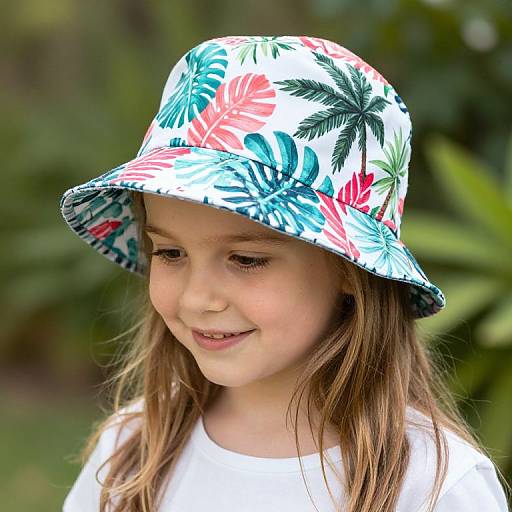 Photograph of a young girl with light brown hair, wearing a white t-shirt and a colorful tropical-patterned bucket hat, smiling softly, set against
