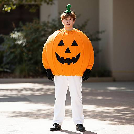 Photograph of a young man in a large, bright orange pumpkin costume with a carved jack-o'-lantern face, white pants, and black gloves