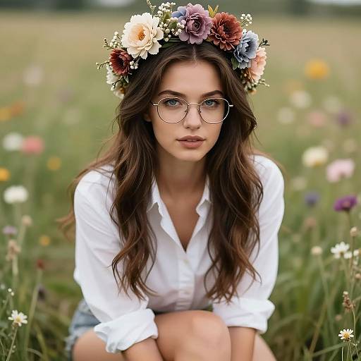Photograph of a young woman with long brown hair, wearing a floral headband, round glasses, white shirt, and denim shorts, kneeling in a