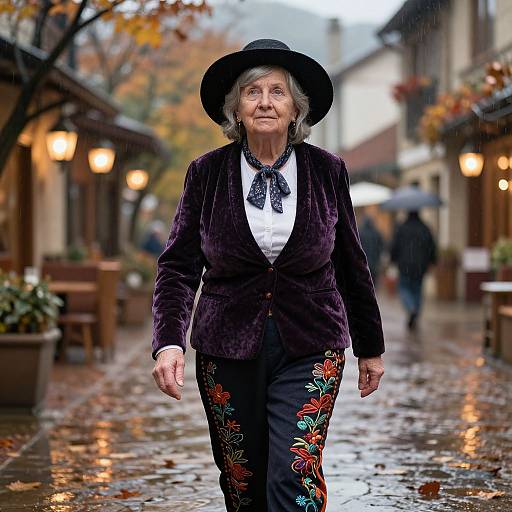 Photograph of an elderly woman with gray hair, wearing a black hat, purple velvet jacket, white blouse, and black pants with floral embroidery, walking