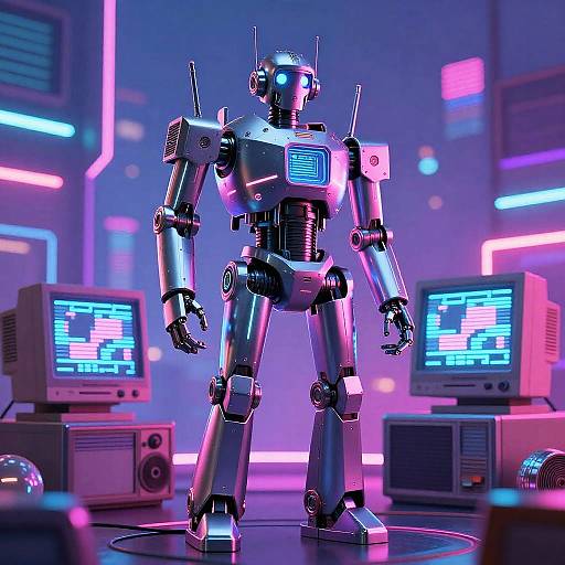 Neon-lit sci-fi scene: metallic robot with blue glowing chest panel stands center, flanked by retro computers displaying code, futuristic room.
