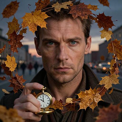 Photograph of serious, blue-eyed man with autumn leaves crown, holding vintage pocket watch, dusk urban background, autumn colors, serious expression.