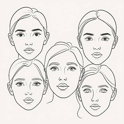 Black and white line drawing of six young women's faces, each with different expressions, arranged in a close cluster.