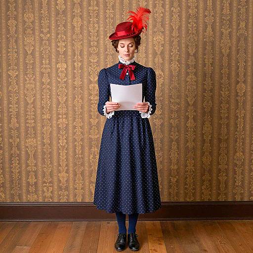 Victorian Woman in Navy Dress with Red Feathered Hat