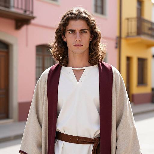 Photograph of a young man with long brown hair, wearing a white tunic and beige robe with a maroon sash, standing in a sun