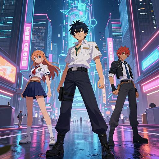 Anime-style digital artwork of three characters in a neon-lit, futuristic city street at night, wearing school uniforms and black tactical gear.