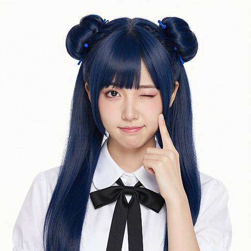 Winking Asian Woman with Twin Buns