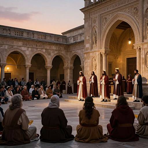 Photograph of a historical reenactment in an ornate stone courtyard at sunset, featuring cloaked performers and seated audience members.