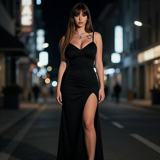 Photograph of a confident woman with long brown hair, wearing a black, sleeveless, high-slit dress, walking down a dimly lit,