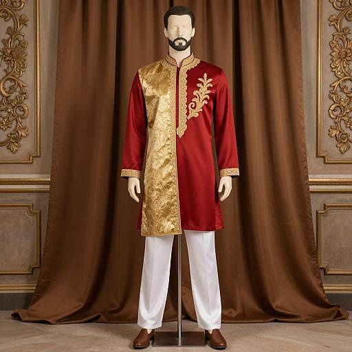 Photograph of a mannequin displaying a red and gold embroidered traditional Indian kurta, white pants, and brown shoes, against ornate brown curtains