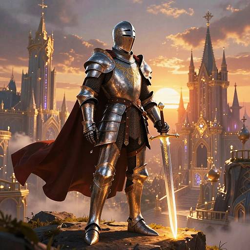 Digitally-rendered knight in shiny silver armor, helmet, and dark cloak, standing on rocky ground, holding glowing sword, with grand castle cityscape