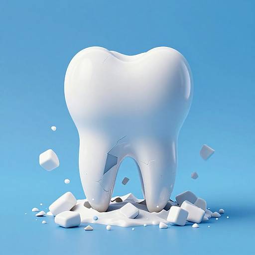 Photograph of a large, white, cracked tooth standing amidst broken tooth fragments on a bright blue background, symbolizing dental decay.