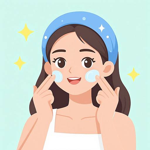Digital illustration of a smiling Asian woman with black hair, wearing a blue headband and white strap top, applying white face cream with her fingers. Spark
