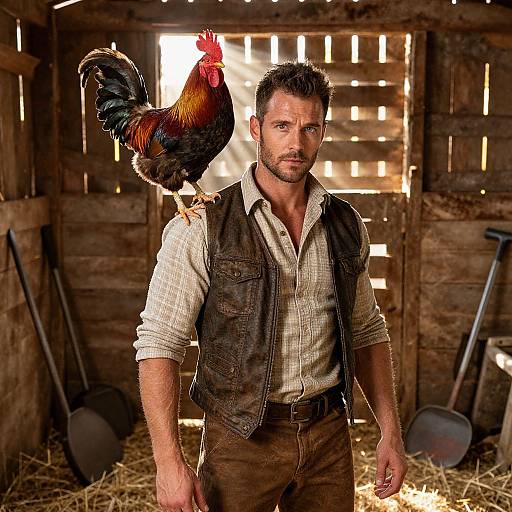 Photograph of a rugged, bearded man in a checkered shirt and brown vest, with a colorful rooster perched on his shoulder, in