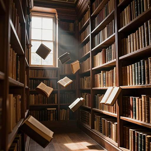 Photograph of a sunlit, wooden library with floating books, surrounded by tall bookshelves filled with books, casting warm, mystical light.