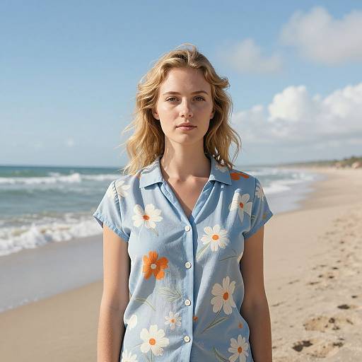 Photograph of a blonde woman with wavy hair, wearing a light blue floral shirt, standing on a sunny, sandy beach with waves in the background
