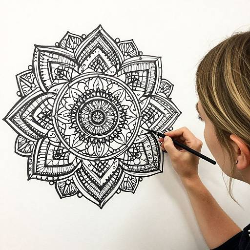 Photograph of a woman with blonde hair, sketching a detailed black ink mandala on white paper with a pen.